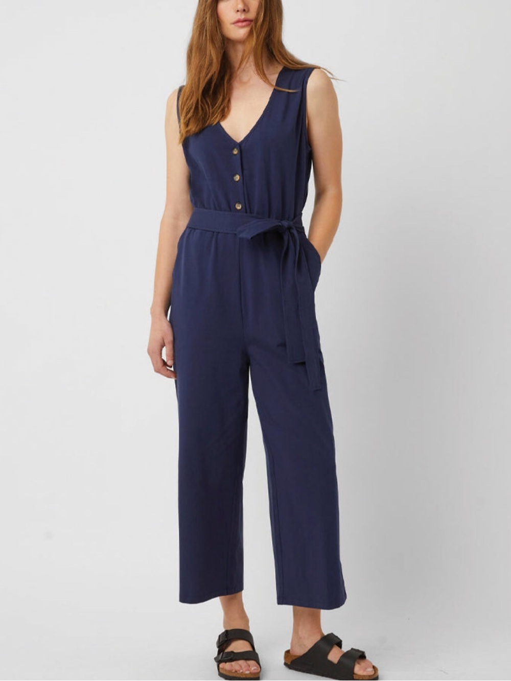 &Merci Navy Tie Waist V-Neck Sleeveless Cropped Jumpsuit 100% Cotton M